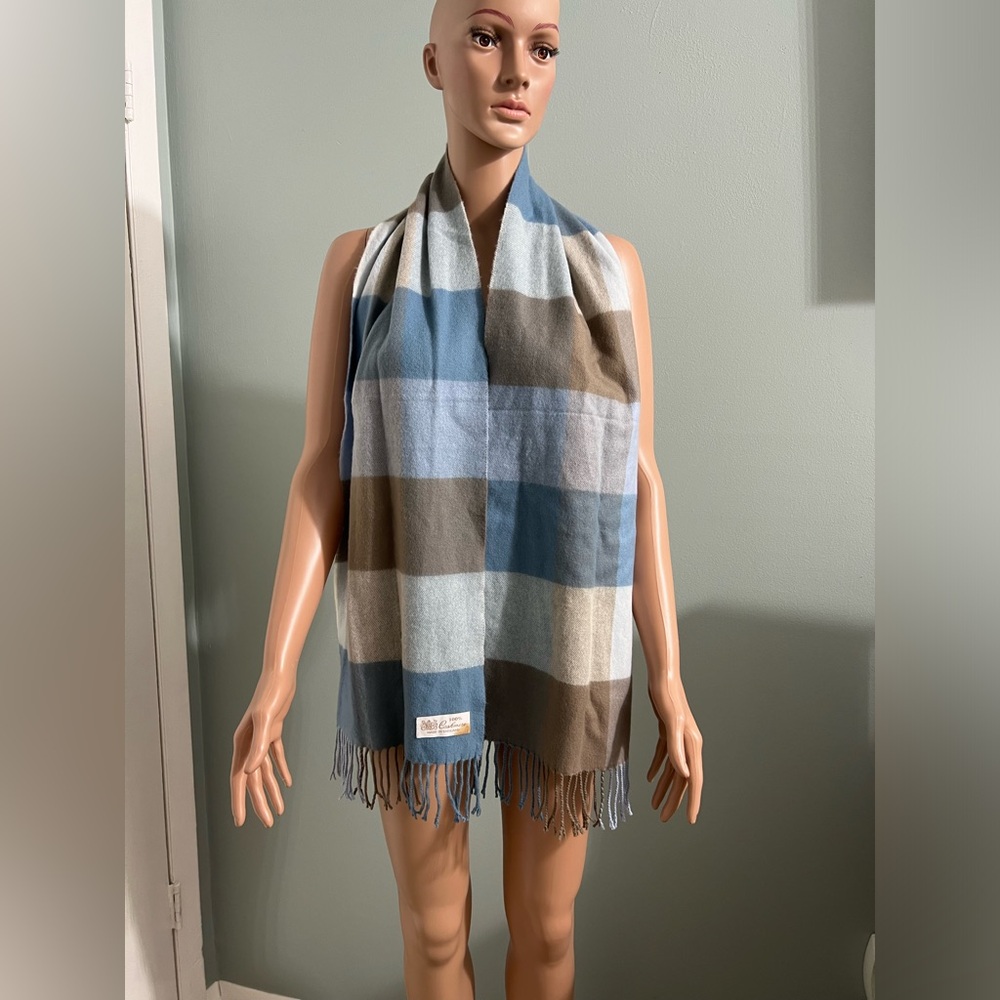 100% CASHMERE Winter SCARF WRAP MADE IN ENGLAND Check Plaid Blues/Tan SOFT Warm